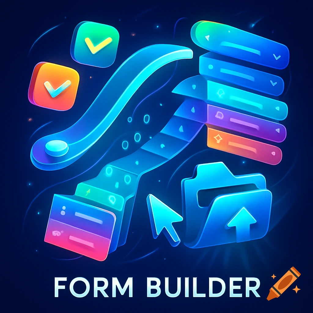 Glowing abstract UI elements for a form builder app, including checkboxes, sliders, and input fields, on a dark blue background.
