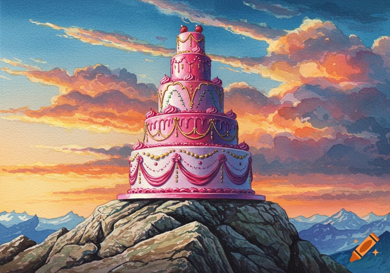 A vibrant watercolor painting of a multi-tiered baroque pink cake on a rugged mountain peak at sunset.