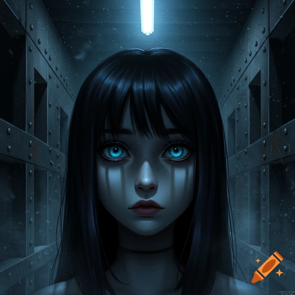 Stylized portrait of a girl with black hair and glowing blue anime eyes in a dark, metallic corridor.