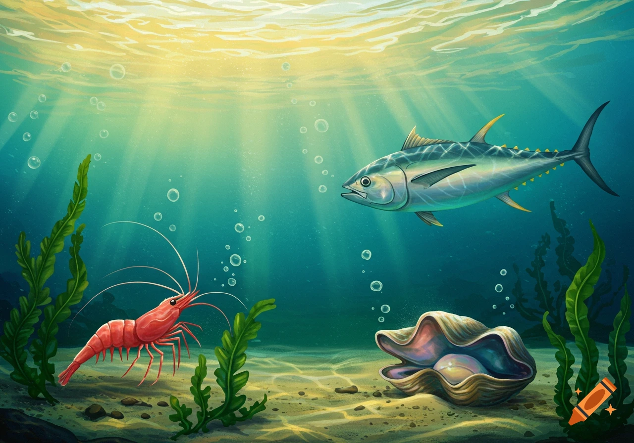 An illustration of an underwater scene with a red shrimp, a tuna fish, and an open clam with a pearl, bathed in sunlit water.