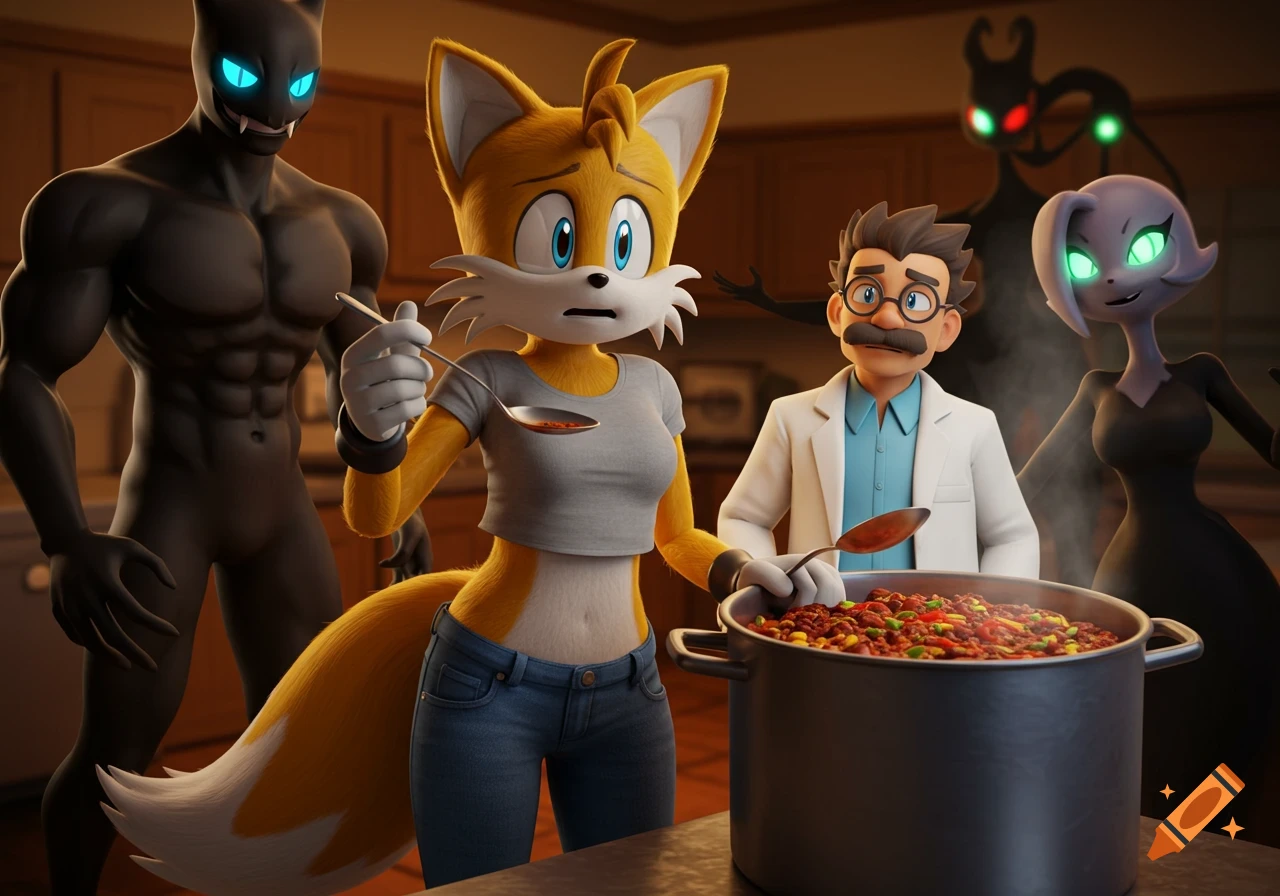 3D render of adult female Tails holding a spoon of chili, looking distressed, with Professor Oak and three shadow creatures in a kitchen.