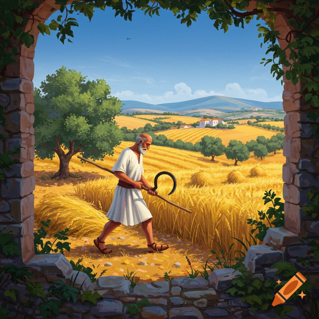 An old man in a white tunic harvests wheat in a golden field with a sickle, framed by a stone archway, in an illustration.