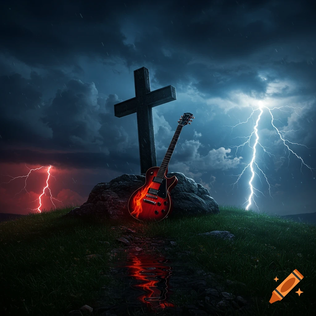 A fiery red electric guitar leans against a stone cross on a grassy hill, under a dark, stormy sky with lightning.