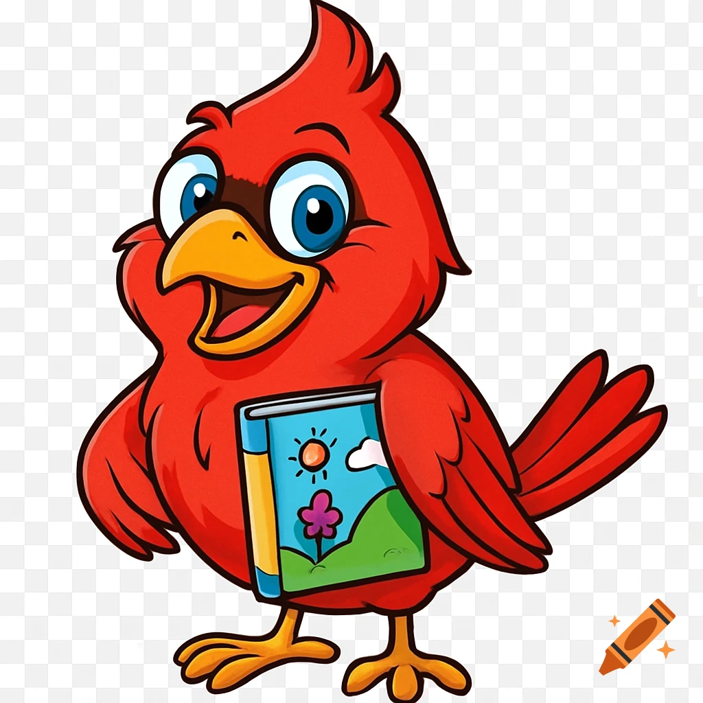 A happy cartoon red cardinal with big blue eyes and a wide smile holds a children's book, on a transparent background.