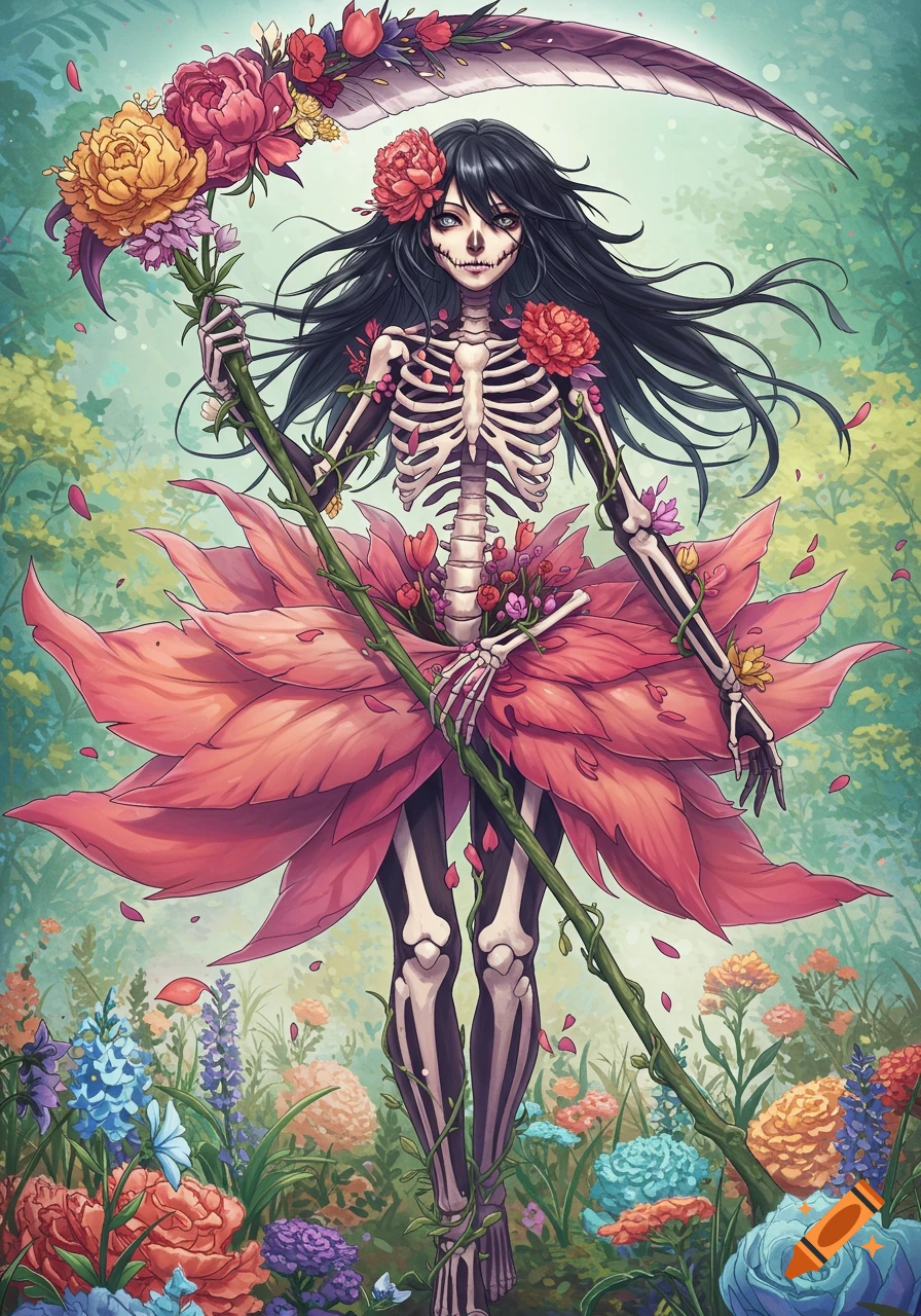 Anime-style skeletal woman with long dark hair and flowers in her ribcage, holding a floral scythe, surrounded by colorful flowers.