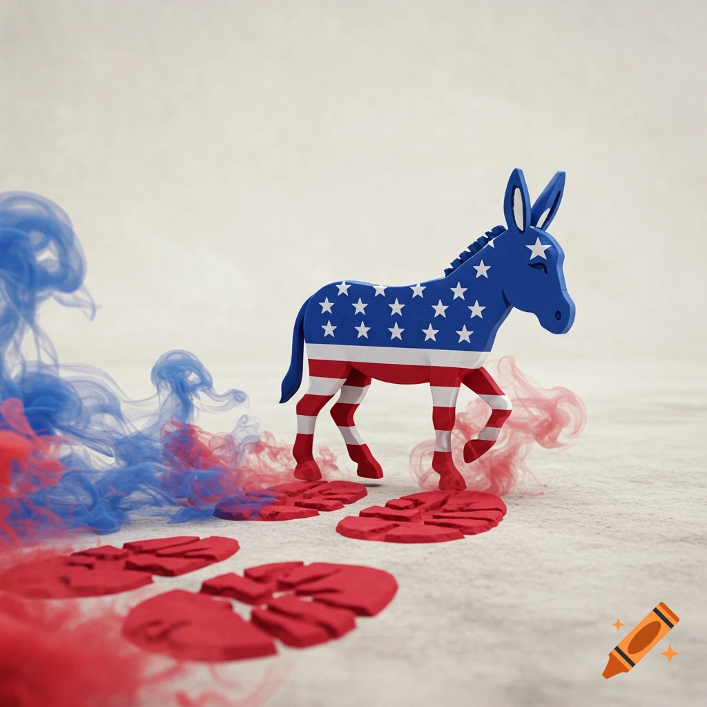 A stylized donkey painted with the American flag stands in red hoof prints with red and blue smoke around it.