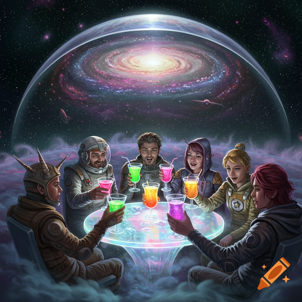 A diverse group of people in sci-fi suits drink colorful beverages around a glowing table, under a galaxy in space.