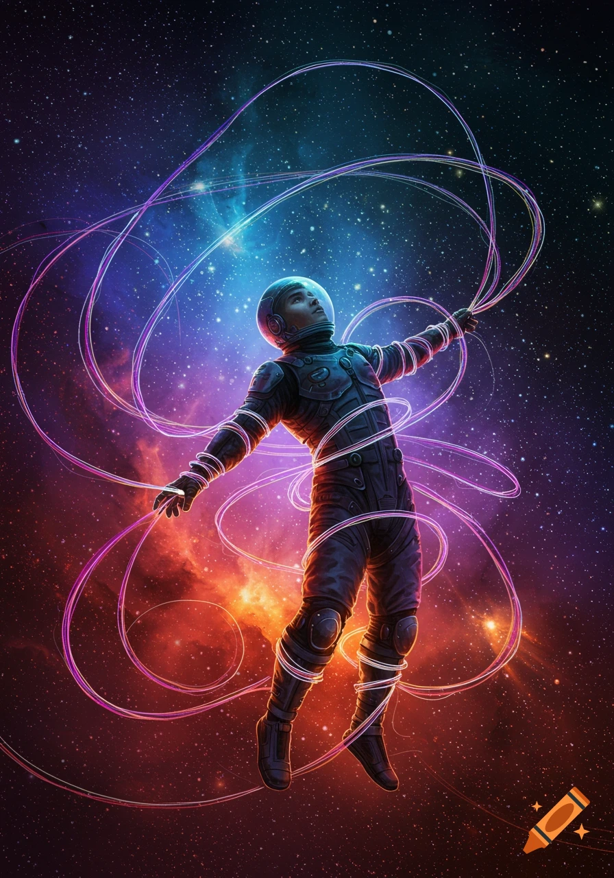 An astronaut floats in a vibrant cosmic space, entangled in glowing purple and pink energy strands.