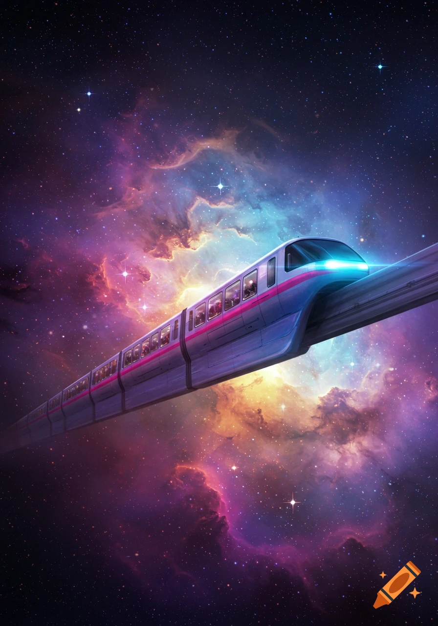 A futuristic monorail train glides through a vibrant, star-filled cosmic nebula in a digital art style.
