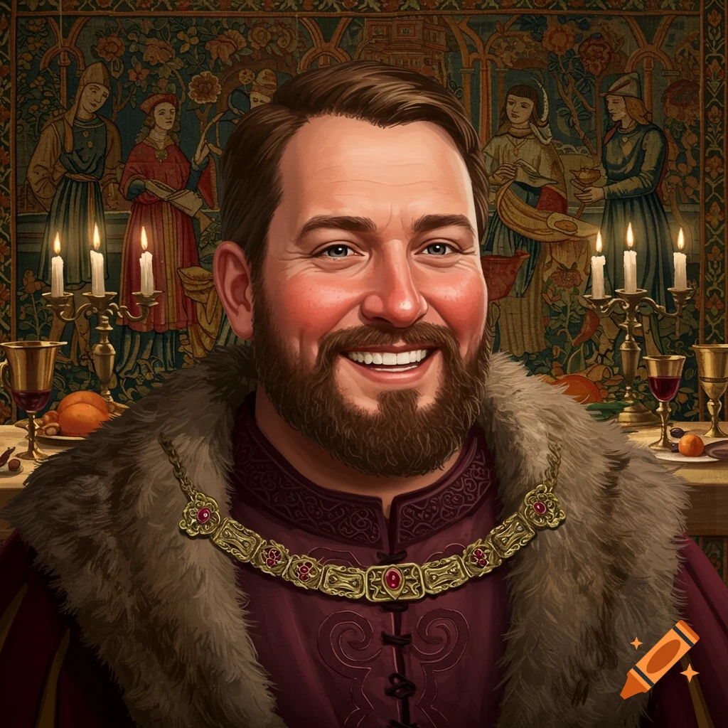 A smiling man with a beard in a medieval fur-lined cape and jeweled chain, against a tapestry and table setting.