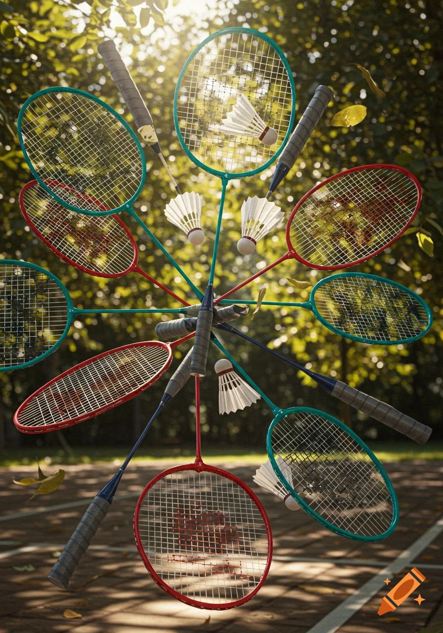 Multiple red and teal badminton rackets and shuttlecocks arranged dynamically outdoors with dappled sunlight.