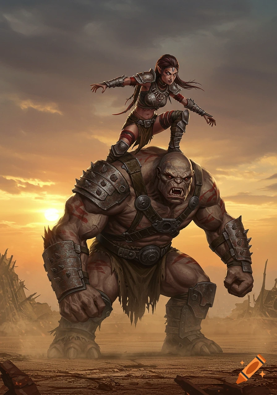 A female warrior in armor crouches on the shoulders of a massive, roaring monster in a desolate landscape at sunset, digital art style.