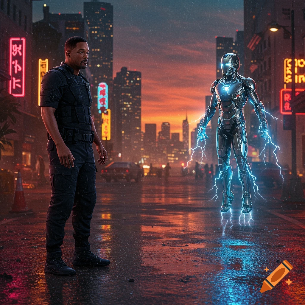 Will Smith, dressed in a dark tactical uniform, stands in a rainy city street at dusk, looking at a glowing, armored, Iron Man-like figure hovering opposite him amidst neon signs.