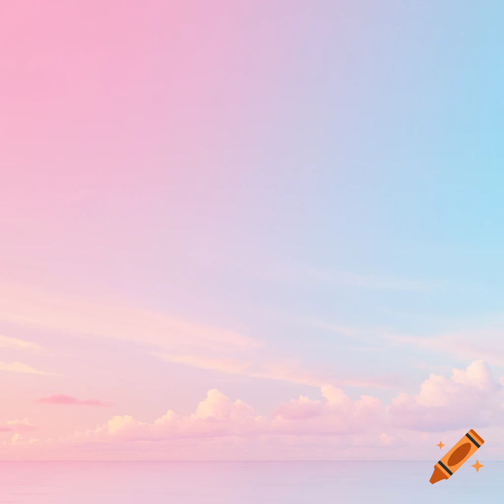 A serene sky and calm water with a soft pink and light blue gradient, featuring pastel clouds along the horizon.