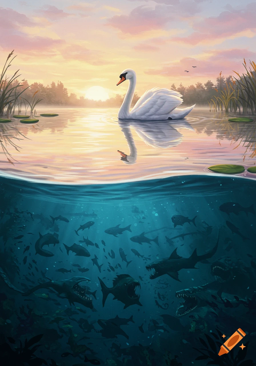 A split image showing a peaceful swan on a lake at sunset above, and a chaotic underwater scene with predatory fish below.