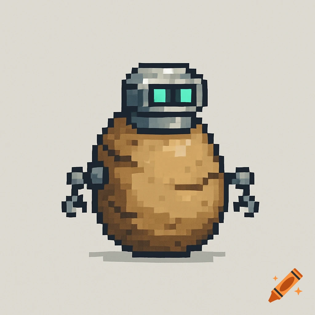 A pixel art illustration of a round brown potato with a grey robot head, green eyes, and small grey robot arms.