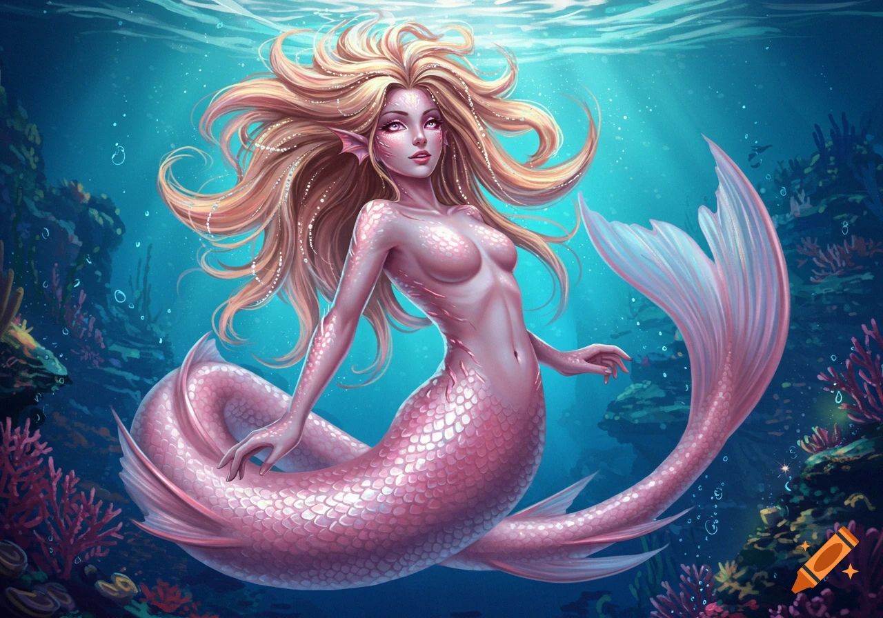 A detailed illustration of a mermaid with long blonde hair, pink eyes, and a pink scaled tail swimming underwater among coral.