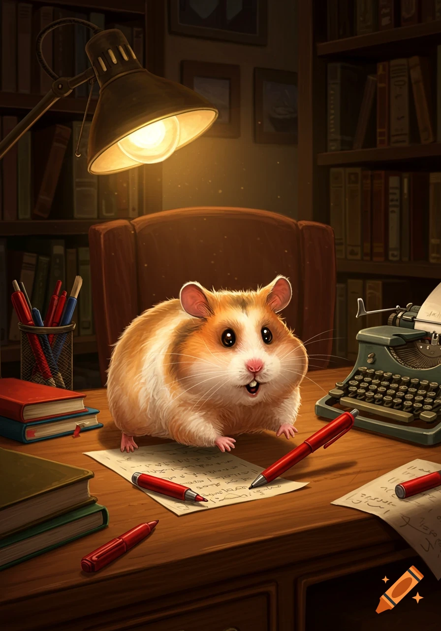 A cute, fluffy hamster sits on a wooden desk with books, pens, a lamp, and a typewriter.