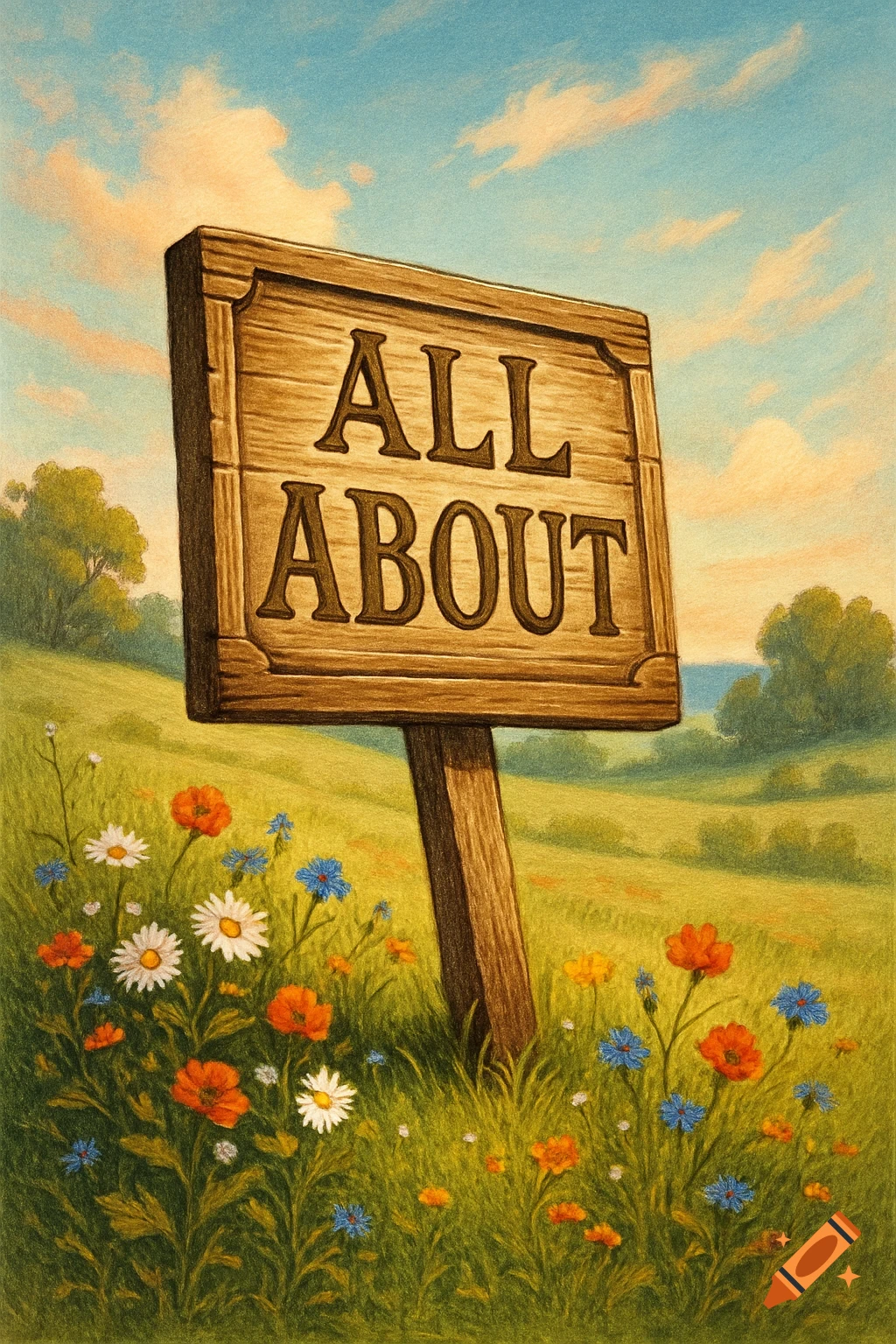 Wooden sign reading 'ALL ABOUT' in a field of wildflowers under a blue sky, colored pencil art style.