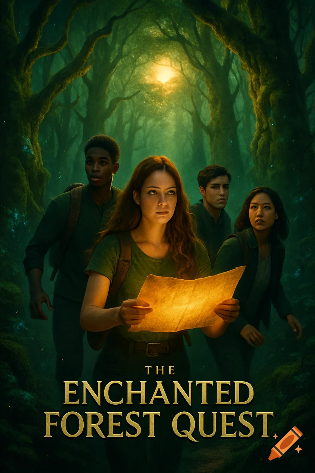 Four young adults, one holding a map, explore a dark, glowing enchanted forest in a realistic movie poster style.