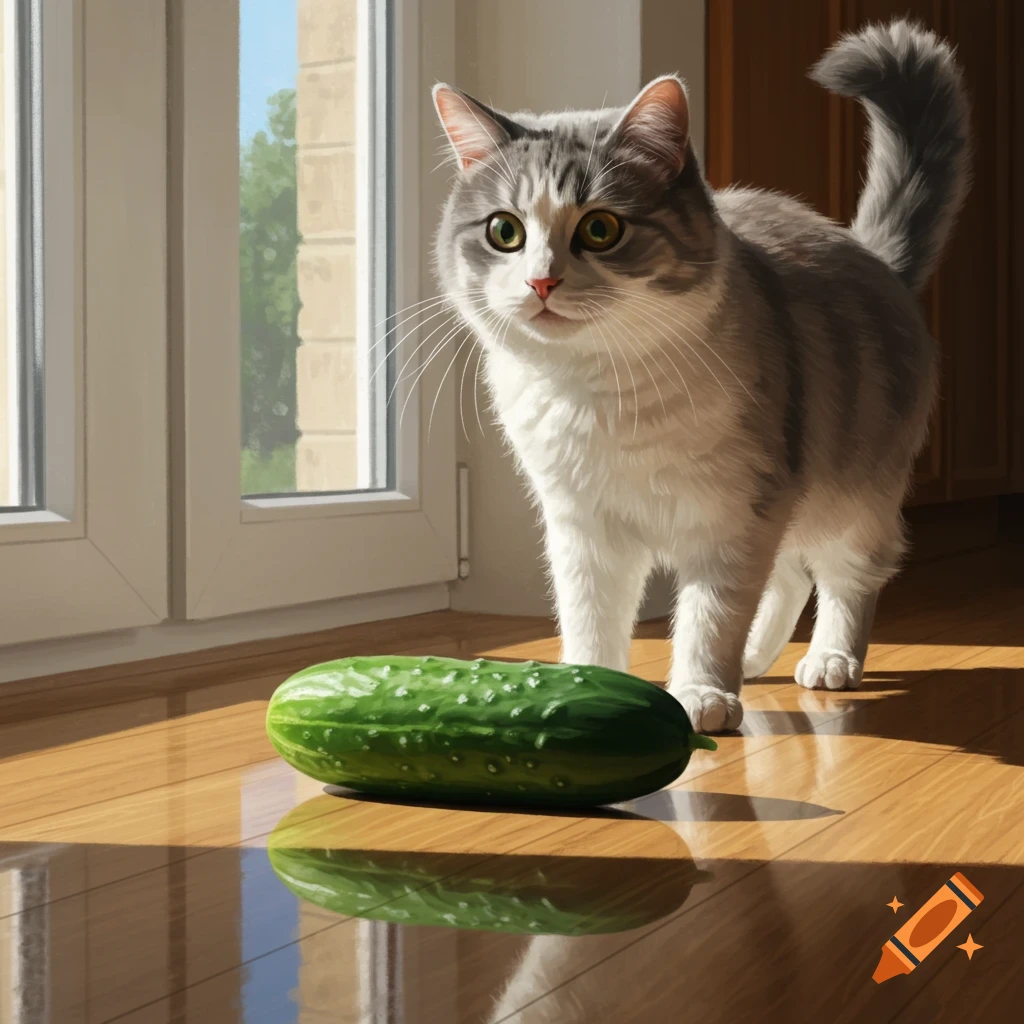 A grey and white cat stares at a green cucumber on a polished wooden floor, lit by sunlight from a window.