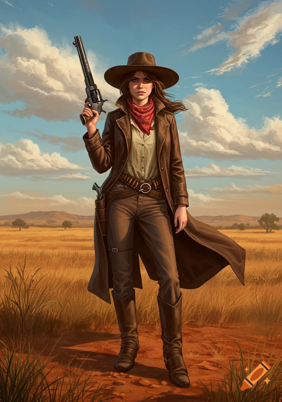 An illustrated cowgirl in a brown duster coat, hat, and bandana stands in a sunny field, holding a long-barreled revolver.