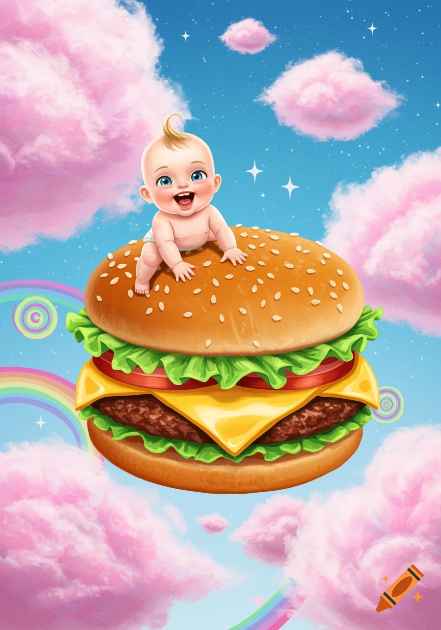 A whimsical illustration of a happy baby crawling on a giant hamburger, floating among pink cotton candy clouds and rainbows in a blue sky.