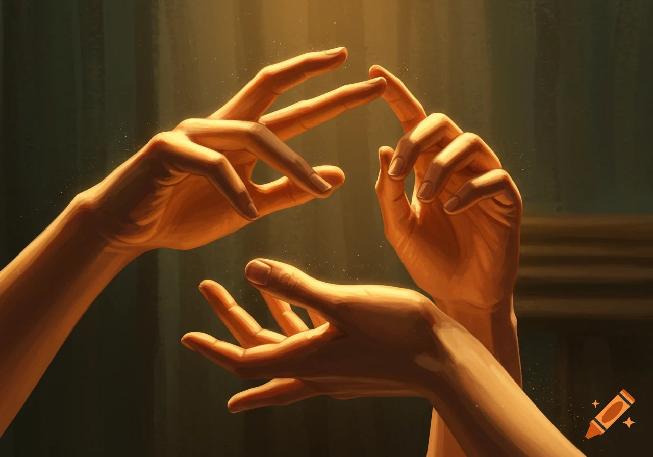 Digitally painted hands reaching and intertwining in warm, dramatic light against a dark background.