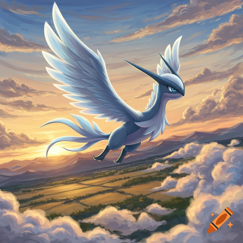 A blue and white winged Pokémon-like creature with a long tail flies through a cloudy sky above fields and mountains at sunset.