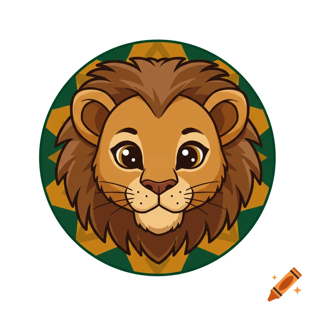 Cartoon lion cub head in a circular green and gold graphic design illustration style.