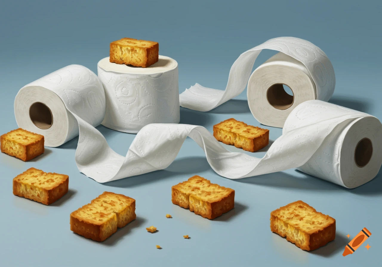 Several rolls of toilet paper and golden brown croutons are scattered on a light blue surface.