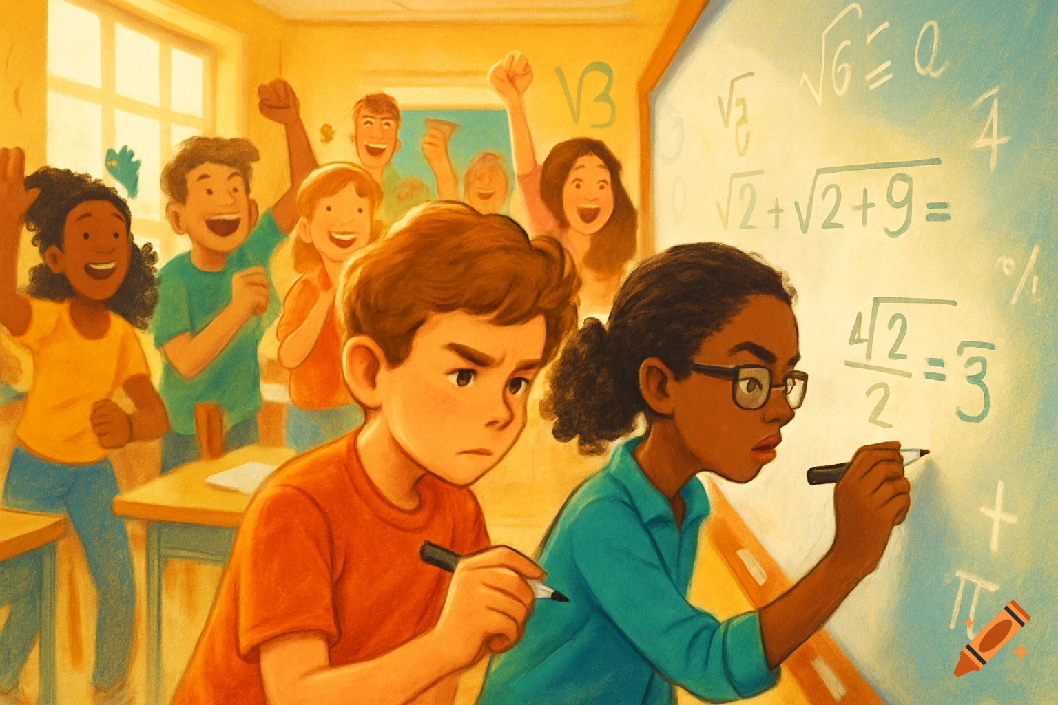 Illustration of students in a classroom, with a girl solving math problems on a whiteboard while a boy looks on and other classmates cheer.
