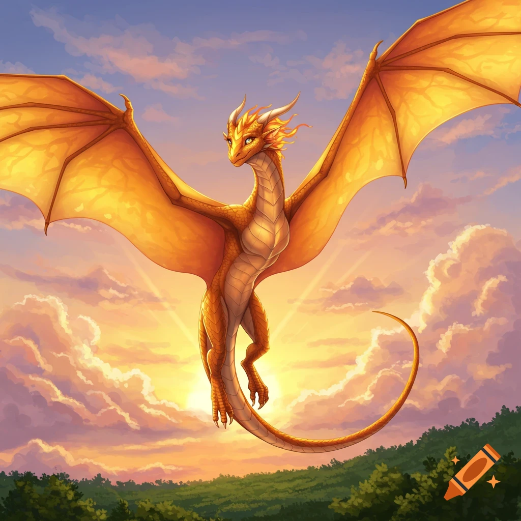 A majestic golden dragon with large wings soars through a vibrant sunset sky above green hills.