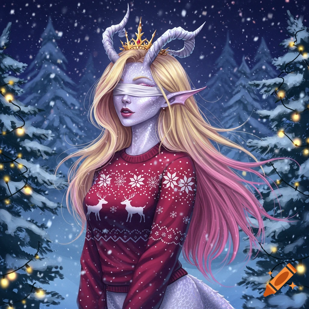 A fantasy woman with white scales, horns, and blonde and pink hair, wearing a blindfold and a red Christmas sweater, stands in a snowy forest.