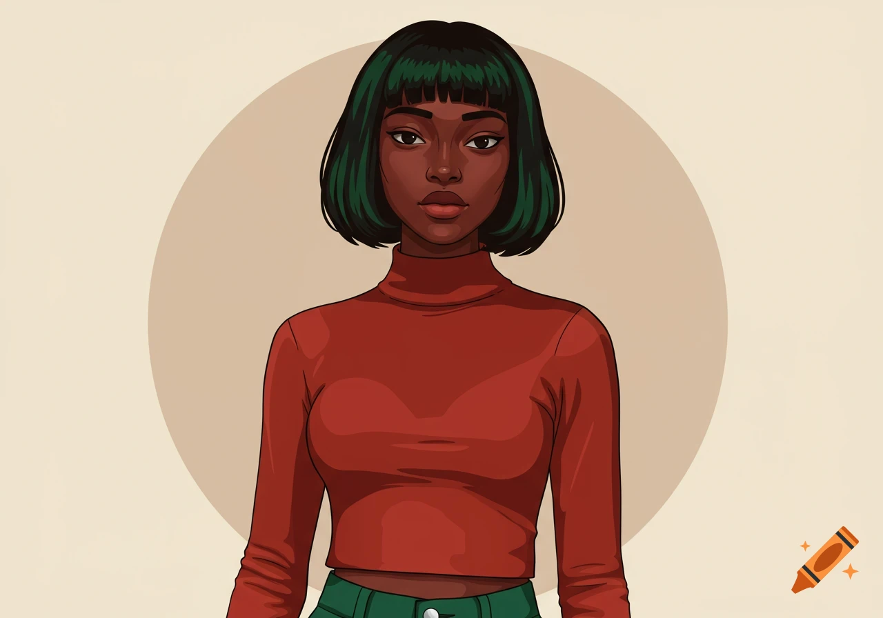 A stylized illustration of a young Black woman with a short green bob haircut and bangs, wearing a red turtleneck, against a beige background.