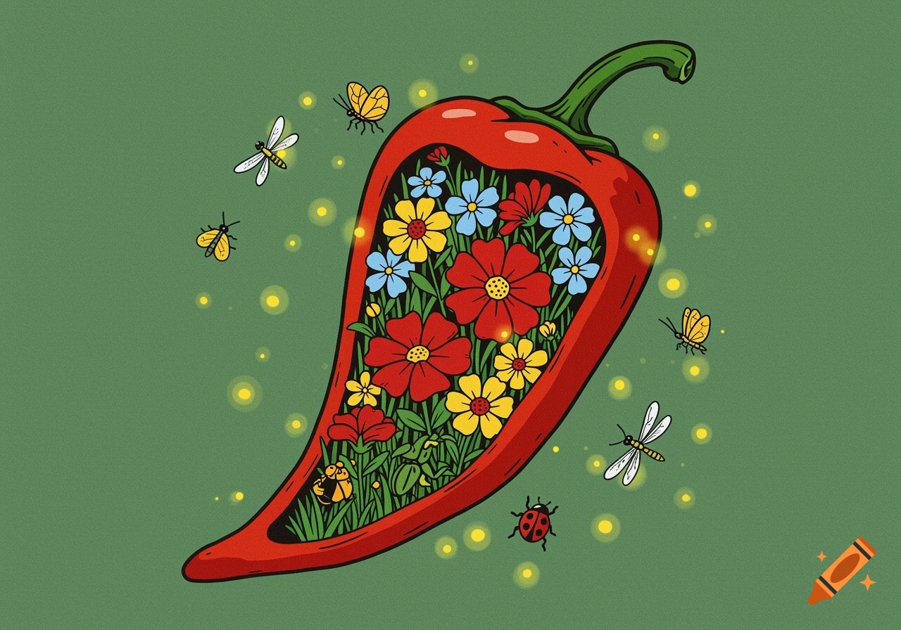 Cartoon illustration of a red chili pepper filled with colorful flowers and insects, surrounded by flying insects and fireflies on a green background.