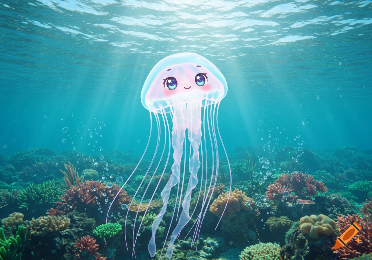 A cute, glowing, Pixar-style jellyfish with cartoon eyes and a smile floats in a vibrant underwater coral reef with sunbeams.