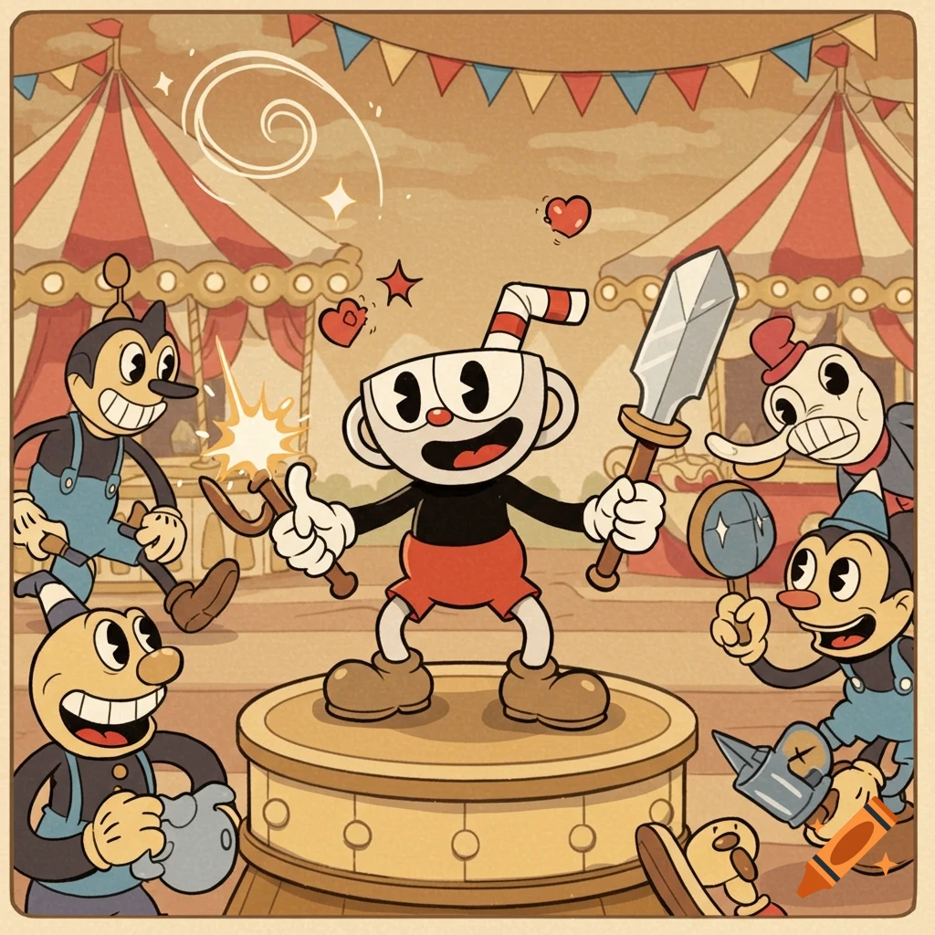 Cuphead holds a sword and another weapon on a pedestal, surrounded by other retro cartoon characters in a circus tent.