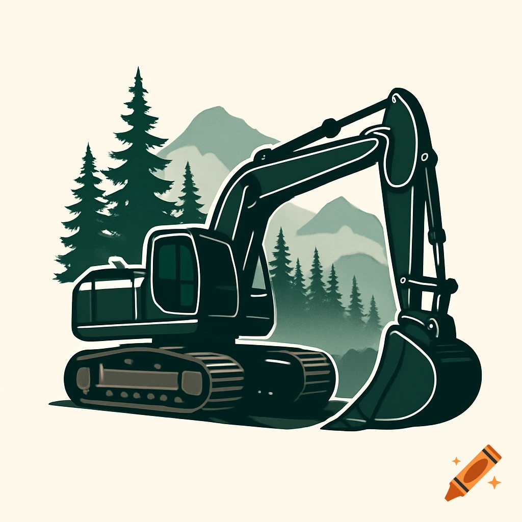 Stylized dark green excavator illustration with pine trees and mountains in the background, suitable for a logo.