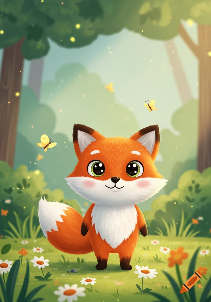 A cute cartoon fox with big green eyes stands smiling in a forest meadow with flowers and butterflies.