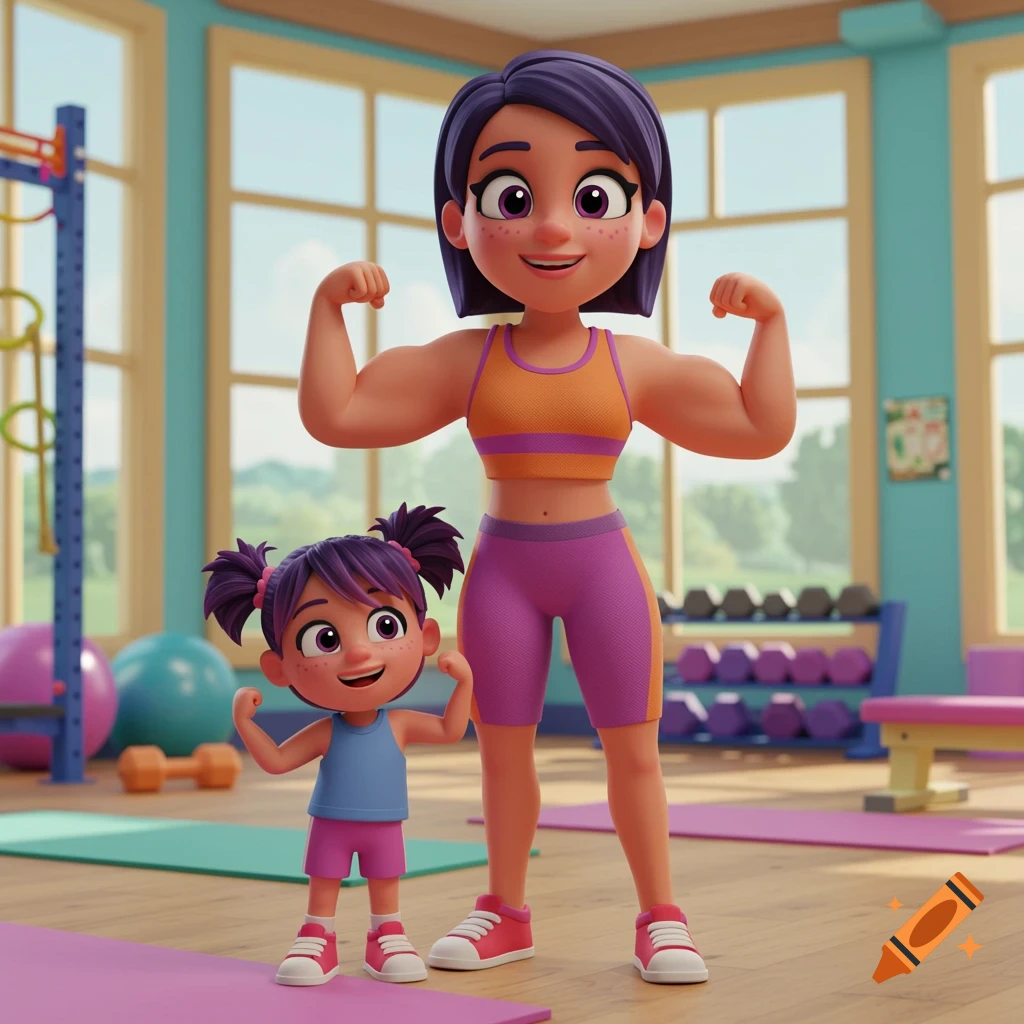 A 3D cartoon of a muscular mother and her daughter flexing their biceps in a colorful gym.