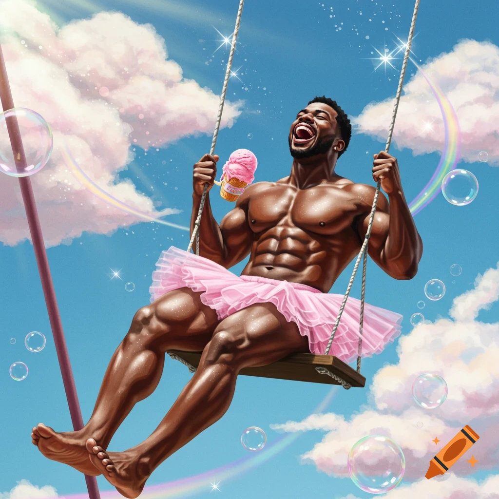 A muscular Black man in a pink tutu laughs on a swing, eating pink ice cream under a sunny sky with clouds, bubbles, and a rainbow.