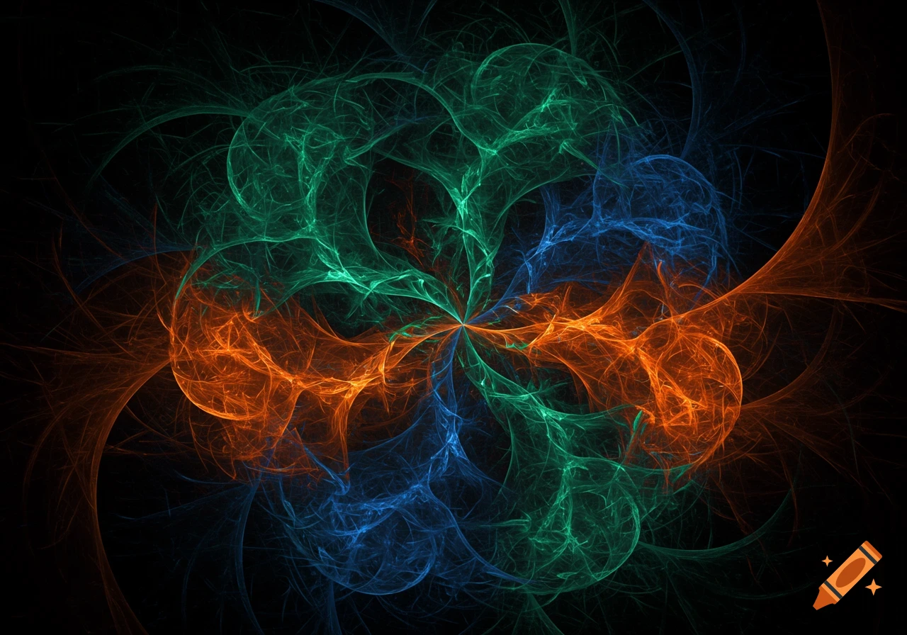 Abstract fractal art with glowing orange, green, and blue swirling tendrils against a dark background.