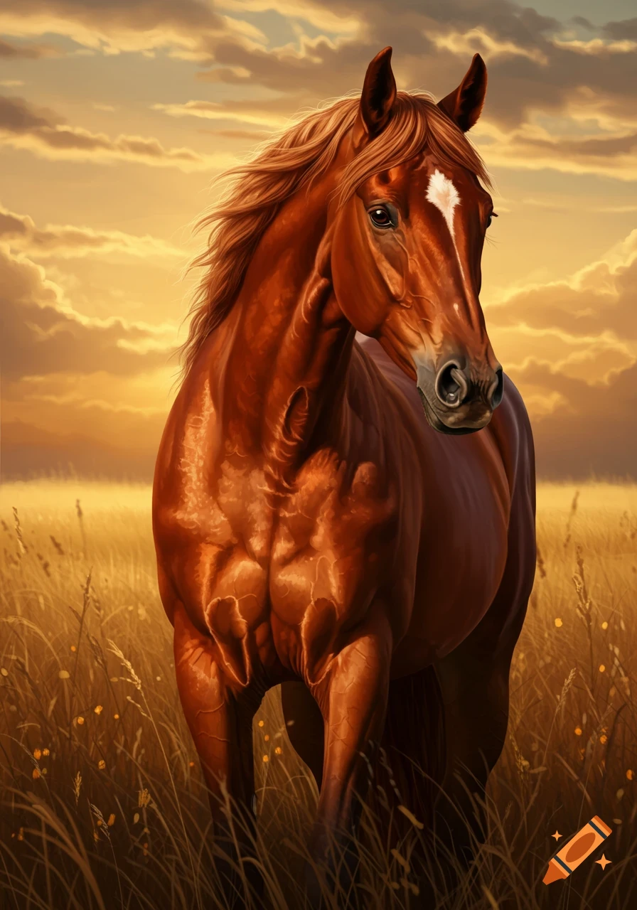 Realistic portrait of a brown horse standing in a golden field under a sunset sky.