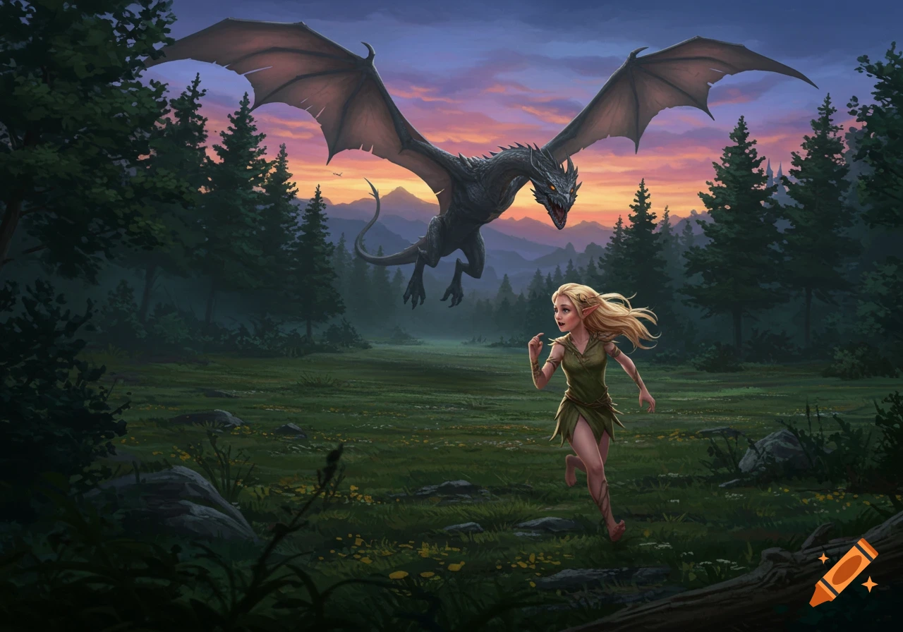 An elf girl in a green dress runs through a grassy forest field from a large, dark dragon flying overhead at sunset.