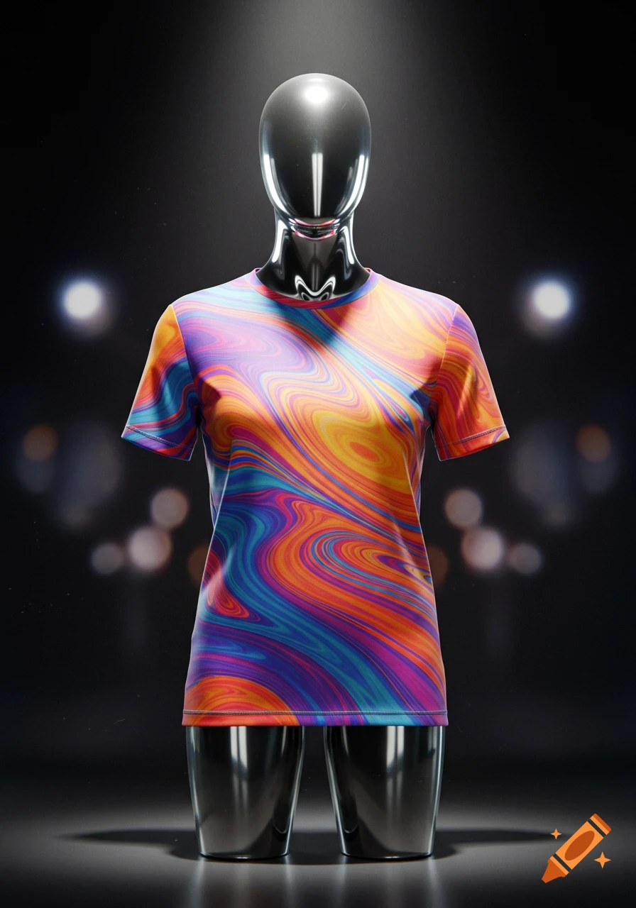 Metallic mannequin wearing a vibrant, psychedelic t-shirt with swirling pink, orange, blue, and purple patterns on a dark, spotlit background.