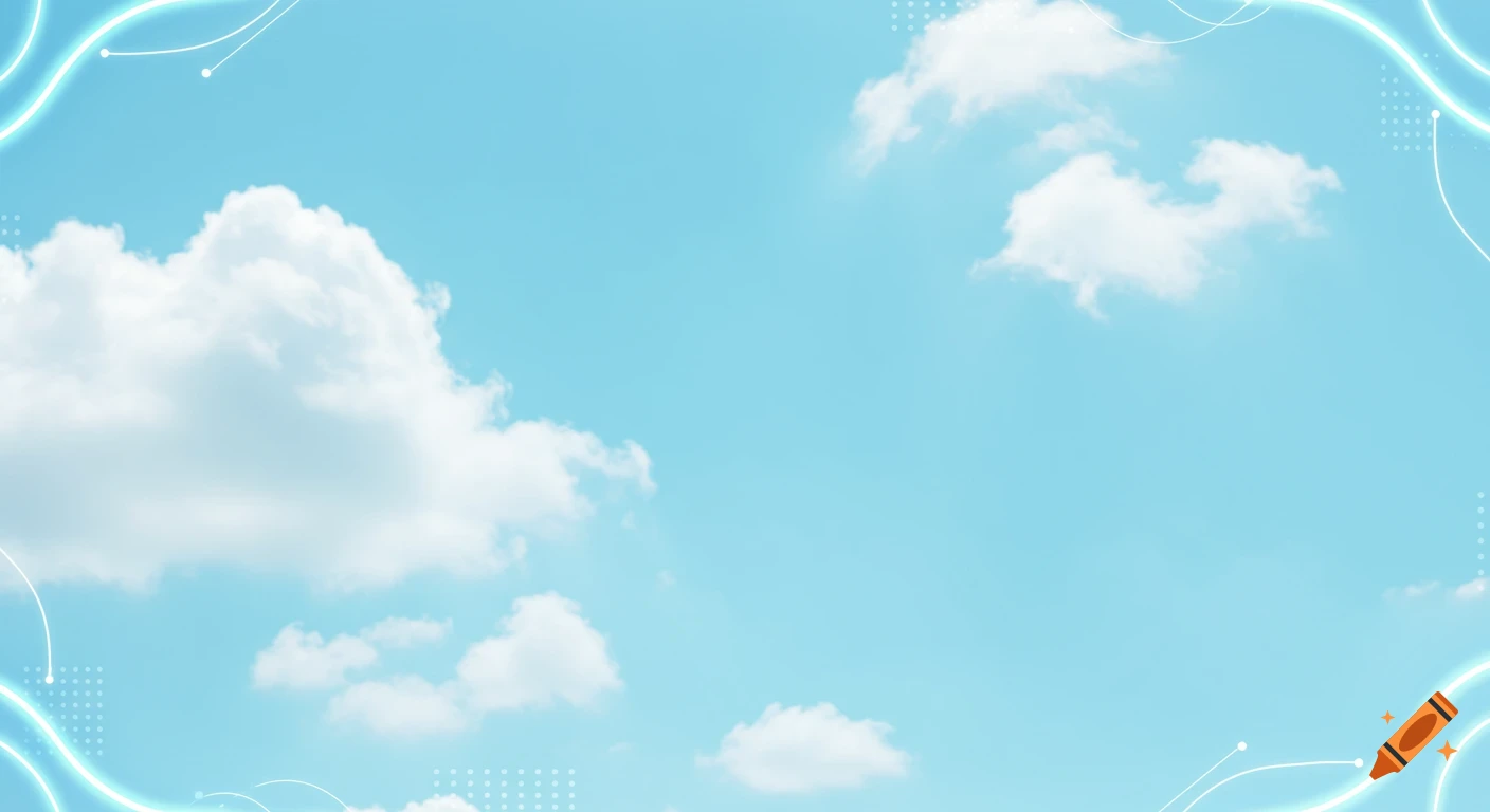 Bright blue sky with soft white clouds, framed by glowing neon lines, abstract white lines, and tiny dotted patterns, ideal for a modern background.