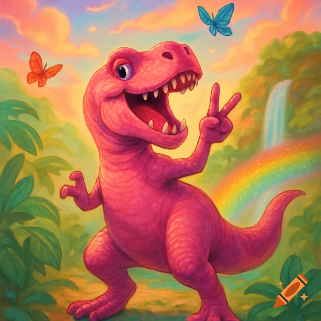 A cheerful, pink cartoon dinosaur makes a peace sign in a vibrant jungle with a rainbow, waterfall, and butterflies.