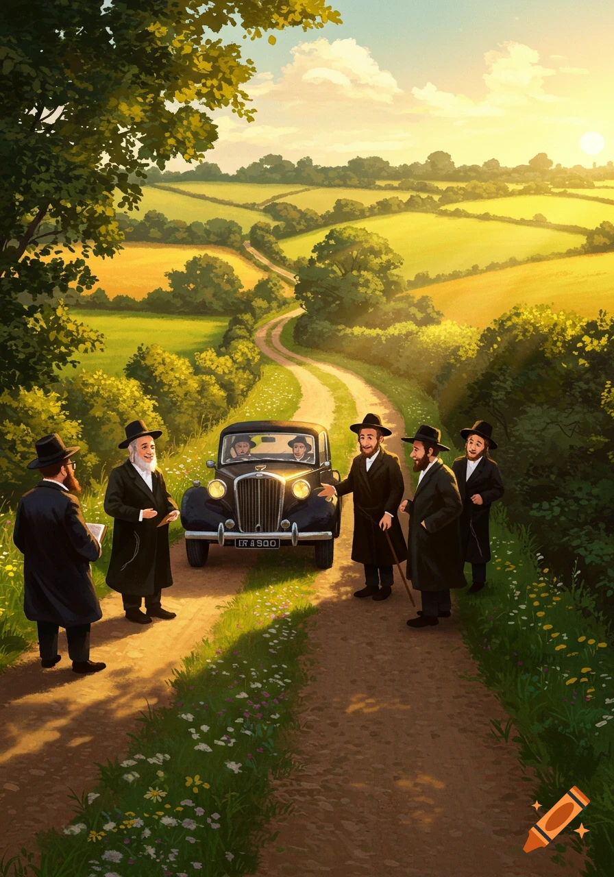 An illustration of several Jewish men talking around a vintage car on a sunny country road winding through green fields.