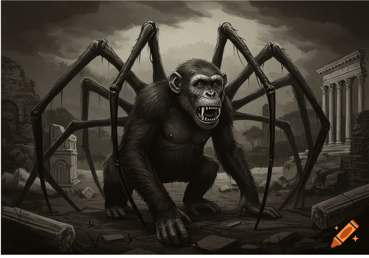 A dark, monochromatic illustration of a chimpanzee with spider legs and fangs, crouching amidst ancient ruins under a stormy sky.